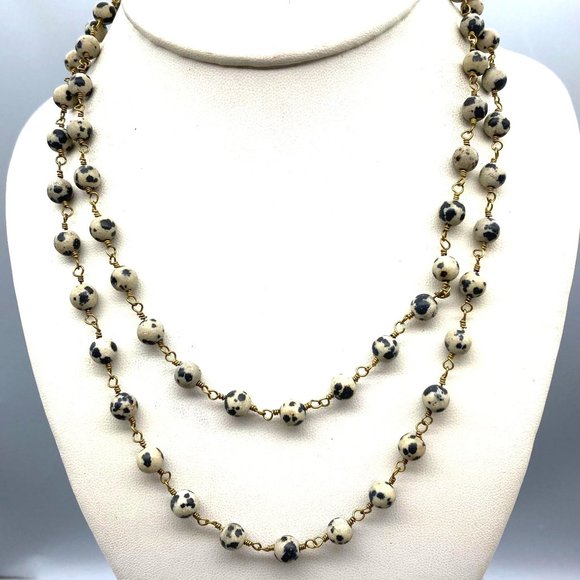 Vintage Dalmatian Jasper Stone Beaded Necklace, Boho Chic Strand with Gold Tone - Picture 1 of 4
